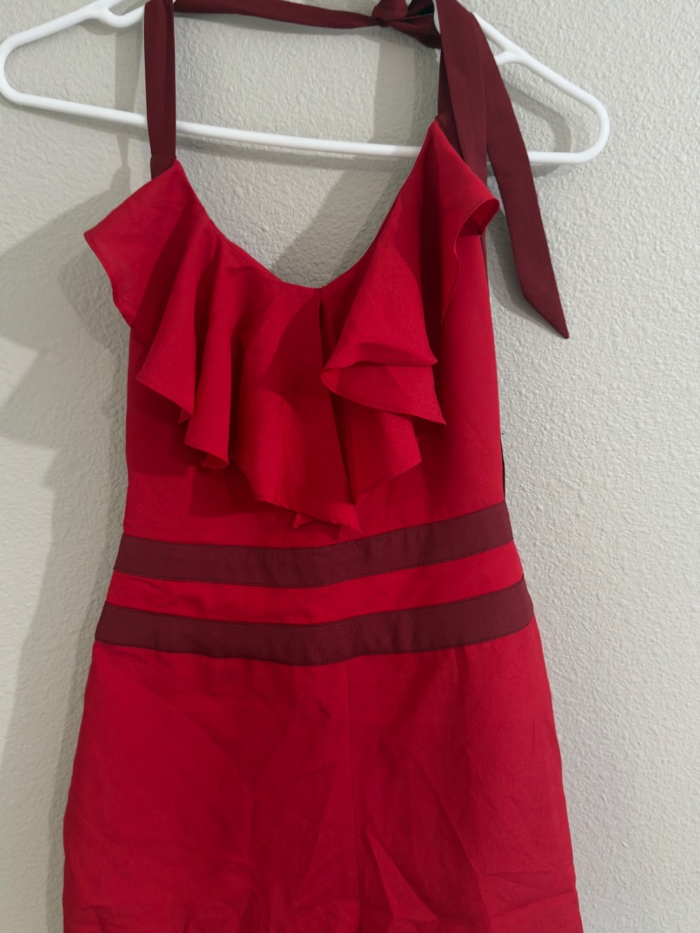 bebe Red Ruffled Halter Dress with Dark Red Accents